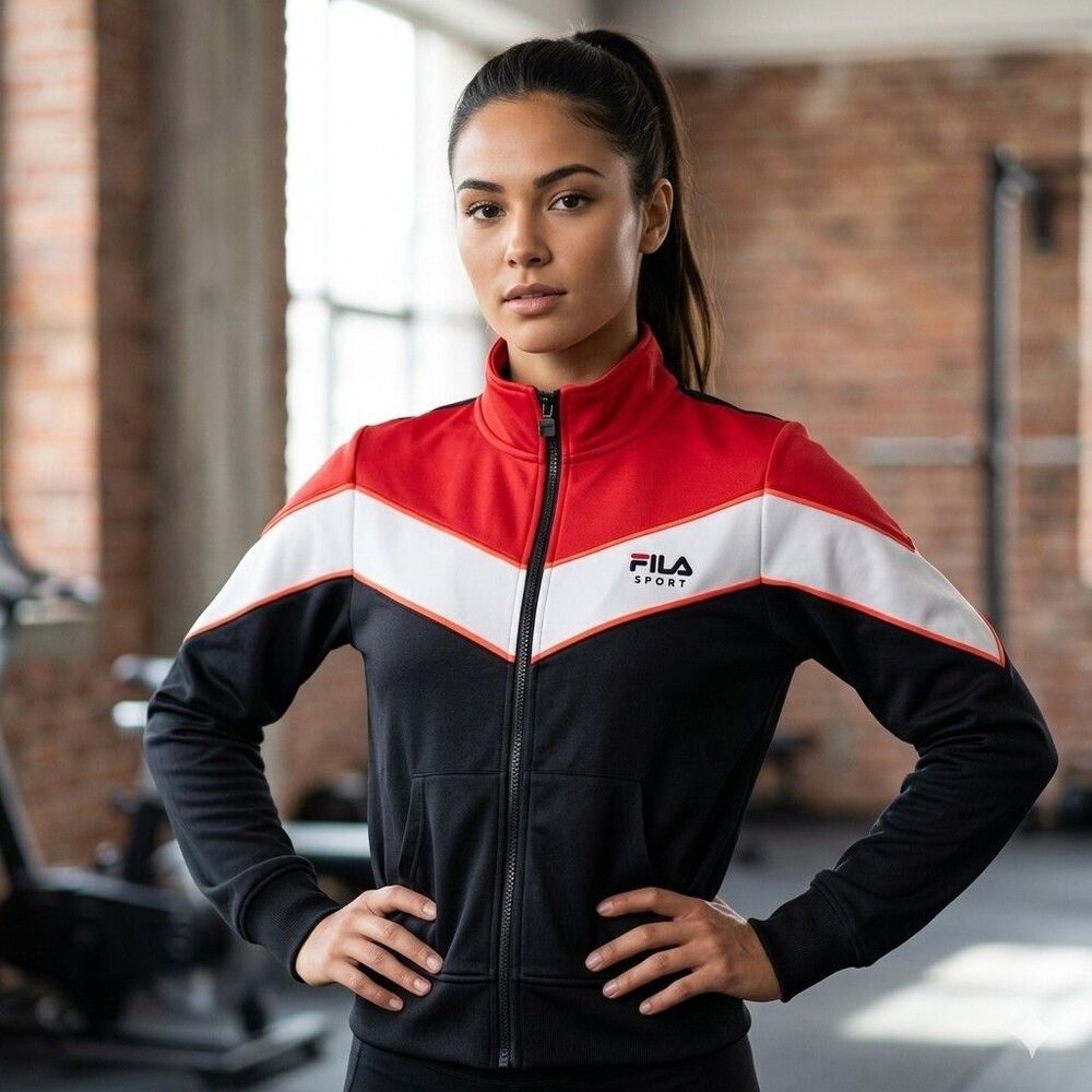 Fila Sport Track Jacket Womens Medium Black Red White Chevron Full Zip Sweater